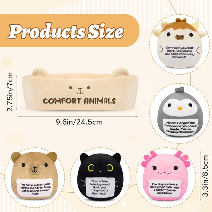 Emotional Support Plush Animal Set,6 Pcs Cute Animals Plush Toys and Fun Stuffed Animals with Positive Words,Soft Emotional Support Plushies with Basket,Positive Gifts for Kids,Men,Women