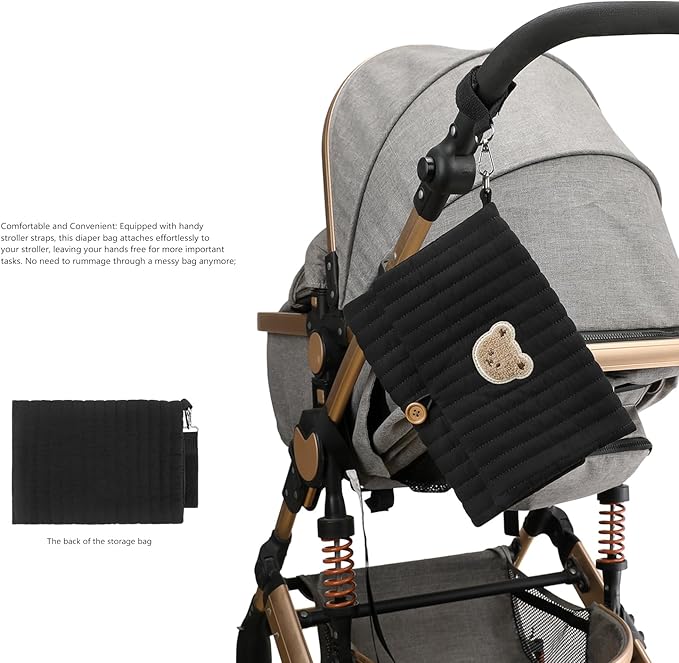 MOMIGO Baby Diaper Bag Organizer Pouches - Waterproof Pod Foldable Diaper Organizer Set, Cute Bear Bag Gift for Baby Shower (Black)