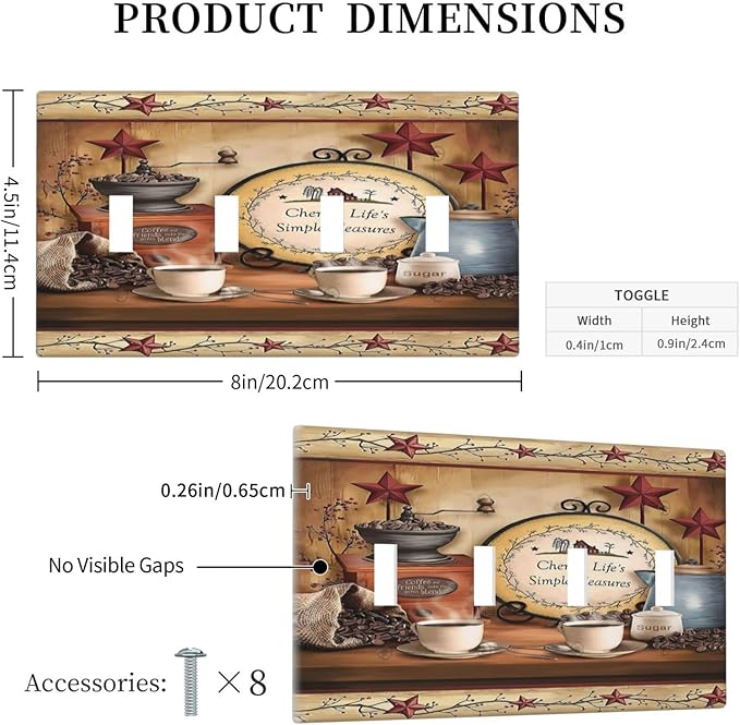 Kitchen Western Coffee Cafe Decorative 4-Gang Quad Toggle Light Switch Wall Plate Cover, Simple Country Restaurant Texas Dining Quadruple Toggle Device Switches Wall Plate Outlet Covers Standard Size