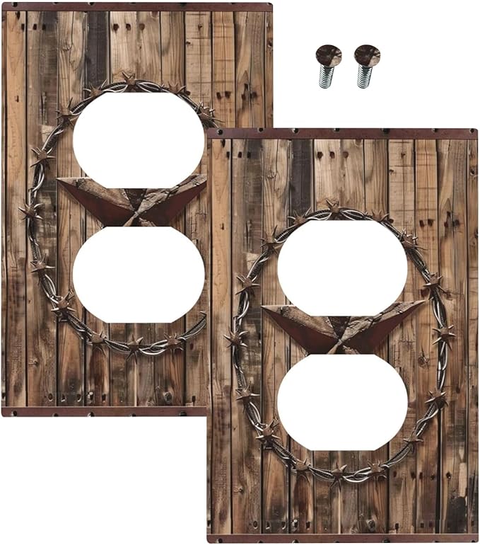 Outlet Covers Rustic Star Western Cowboy Wood 1 Gang Duplex Light Switch Cover Plate Decorative Wall Plates Electrical Switchplate Receptacle for Farmhouse Home Decor（2 Pack）