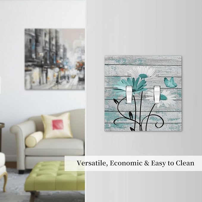 Teal White Daisy Flower Butterfly On Rustic Wood Board Decorative Switch Plates 2 Gang Double Toggle Outlet Light Switch Cover Wall Plate Electrical Faceplate for Farmhouse Bedroom Decor