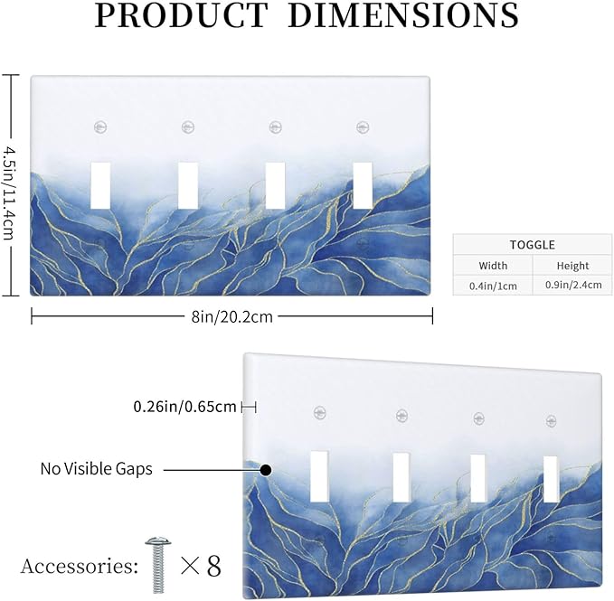 Light Switch Cover Plate Blue Gold Leaf Marble Modern Abstract 4 Gang Quad Toggle Decorative Switch Plates Wall Panels Electrical Wall Plates Faceplate for Kitchen Bathroom Decor