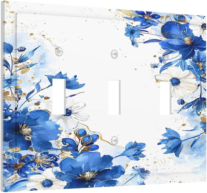 Klein Blue Flowers Watercolor Golden White Floral Decorative Switch Plates 3 Gang Wall Plate Triple Toggle Light Switch Cover Faceplate Electrical Wall Panels for Bedroom Living Room Decor