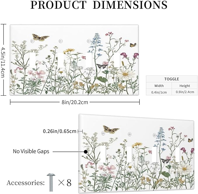 Light Switch Covers Rustic Wildflowers Butterfly Colorful Floral Quad Toggle Electrical Faceplate 4 Gang Wall Plate Decorative Switch Plates For Bed Room Living Room Decor