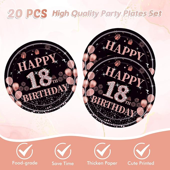 41Pcs 18th Birthday Party Decorations for Girls Her, Rose Gold Birthday Supplies Include 20 Plates 20 Napkins and 1 Tablecloth, Sweet Eighteen Year Old Birthday Party Tableware for Girls Kids Children