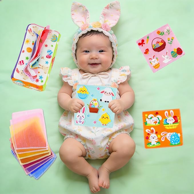 Easter Baby Toys - Easter Basket Stuffers for Babies 6-12 Months - Baby Tissue Box Toy Montessori Soft Stuffed Bunny High Contrast Crinkle Infant Sensory Toys 6 7 8 9 Months Easter Boy Girl Gifts