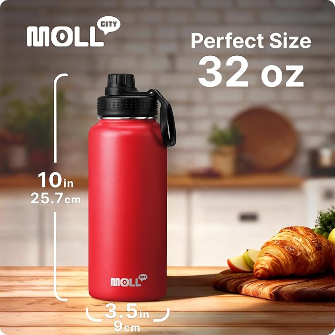 Insulated Water Bottle-32 oz Stainless Steel Vacuum Wide Mouth Sports Water Flask with Spout Lid-Reusable Metal Travel Water Bottle with Silicone Boot, BPA-Free(Canyon Red)