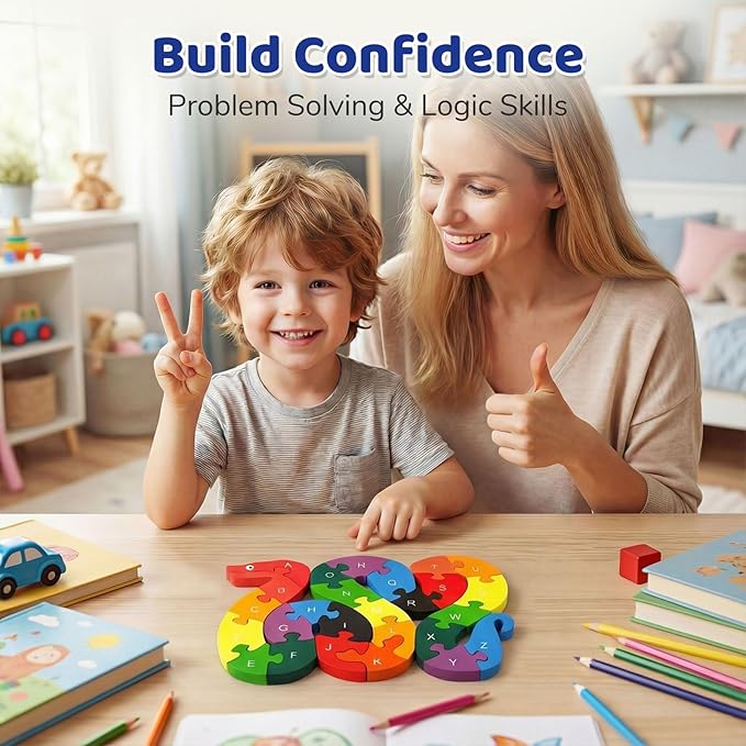 LovesTown Wooden Puzzles for Kids, Double Sided Snake Jigsaw with Alphabet & Numbers, Montessori Educational Toy for Toddlers, Chunky Animal Gift