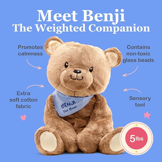 Lilly's Love Weighted Stuffed Animals for Adults & Kids — 5lb Calming Bear Plush for Anxiety, ADHD & Sensory | Machine Washable Weighted Stuffed Animal w/Removable Insert | Benji The Bear