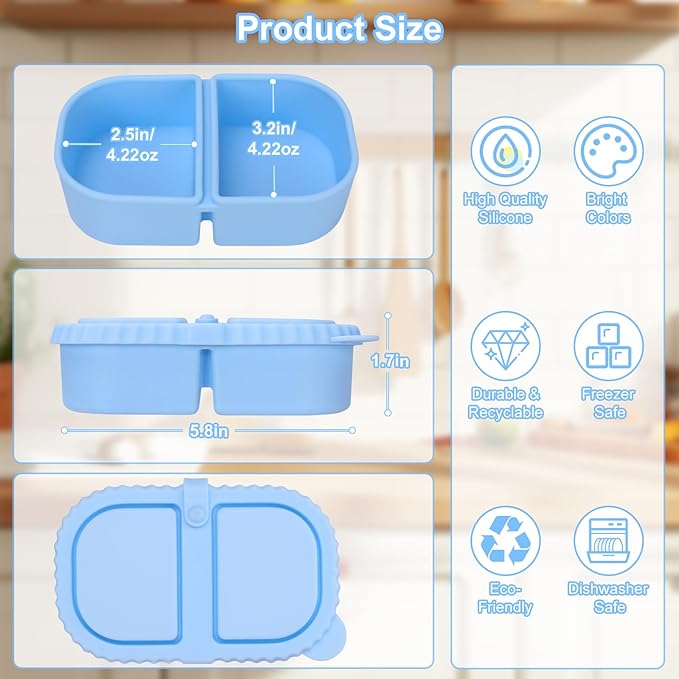 3 Pack Reusable Silicone Snack Containers with Lids, Mini Containers 2 Compartments, Portable Silicone Food Storage Box for Picnic, School lunch, adults Offic, party
