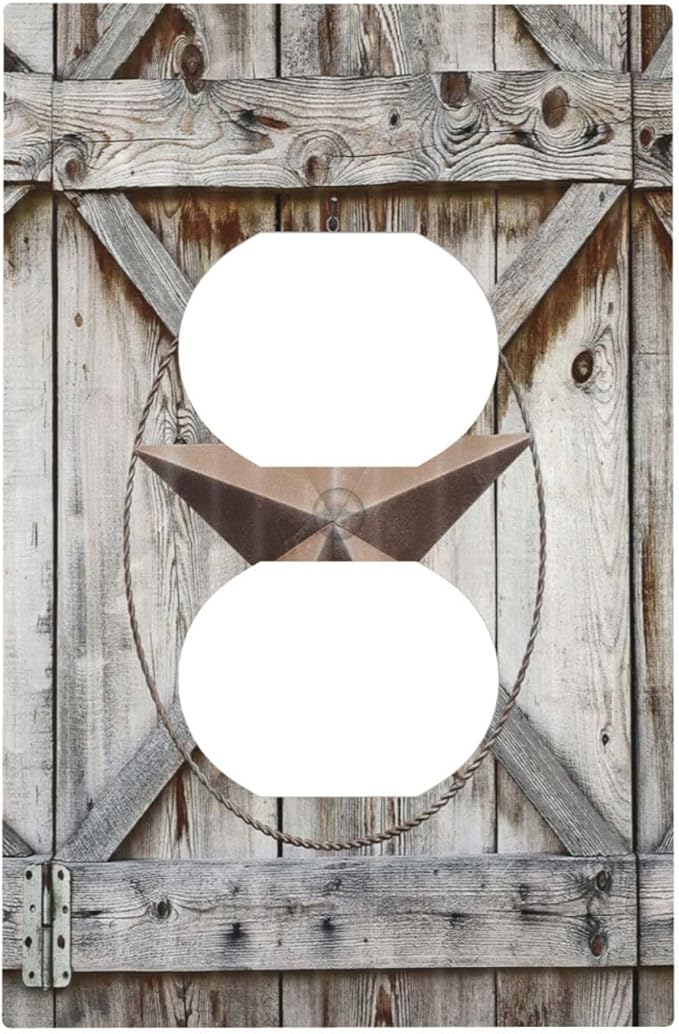 Rustic Western Texas Star Barn Door 1 Gang Outlet Plate Covers Decorative Single Duplex Wall Plate Electrical Receptacle Light Switch Cover Art Faceplate Switchplate for Farmhouse Living Room Decor