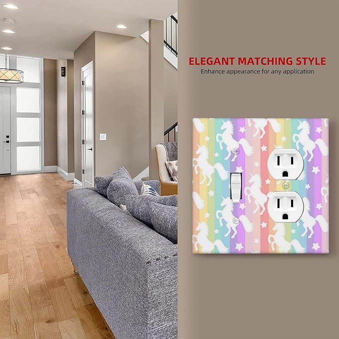 Cute Stars Colorful Rainbow Unicorn Light Switch Cover 2 Gang Combination Wall Plate 1 Toggle 1 Receptacle Duplex Switch Plate Funny Cartoon Kids Girl Bedroom Nursery Decor Combo Device Outlet Cover