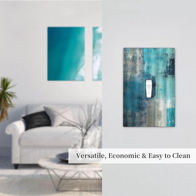 Decorative Light Switch Cover Teal Blue Modern Geometric Abstract Turquoise Green 1 Gang Single Toggle Device Electrical Faceplate Switchplates Decorator Outlet Wall Plate for living Room Bedroom