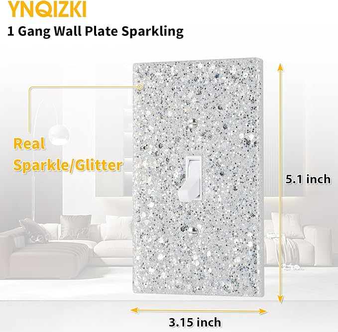 Silver Glitter Light Switch Cover - Sparkling Wall Plate 5.10"x3.15", Unique Gift for Her, Housewarming, Home Decor,Single Toggle