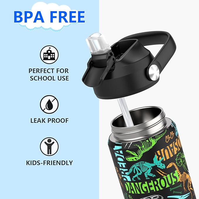 Boys Water Bottle with Straw,18 oz Kids Insulated Cups with Stainless Steel Leak Proof for School,Sport&Travel（Dinosaur）
