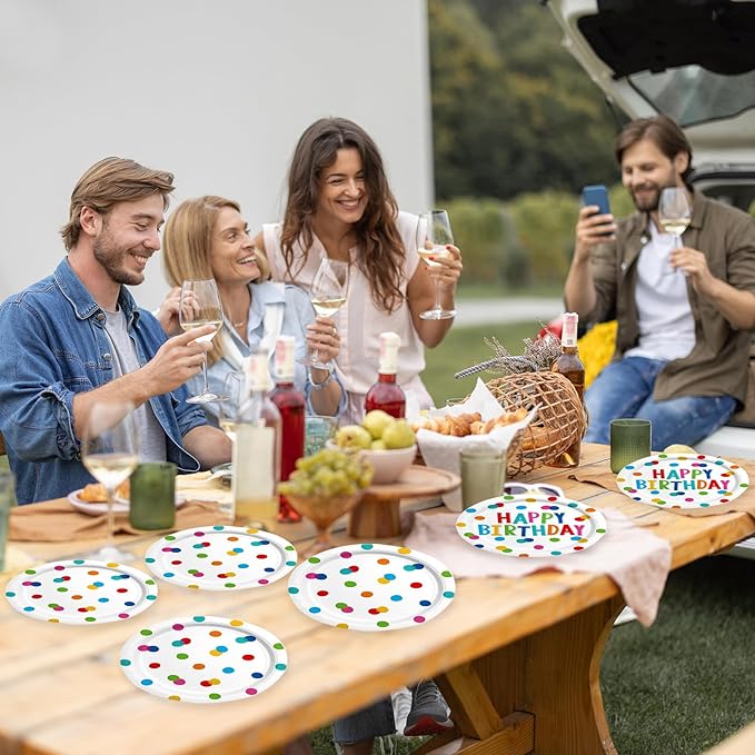 60PCS Happy Birthday Paper Plates and Napkins, Rainbow Dot Party Paper Plates Disposable Birthday Party Decorations Tableware Set for Kids Boys Girls