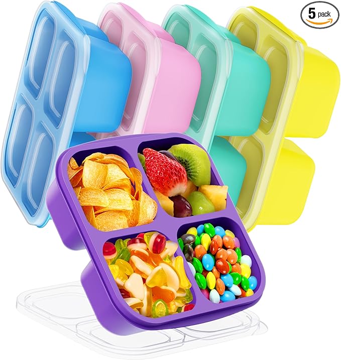 Canfanni 5 Pcs Bento Snack Containers, Reusable 4 Compartment Divided Food Storage Containers, Divided Lunchable Container for School, Work and Travel (Transparent Lids)
