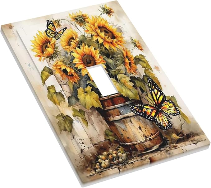 Decorative Light Switch Cover Rustic Vintage Sunflower Bouquet Butterfly 1 Gang Single Toggle Decorator Outlet Wall Plate Device Electrical Faceplate Switchplates for Farmhouse Cabin Decor