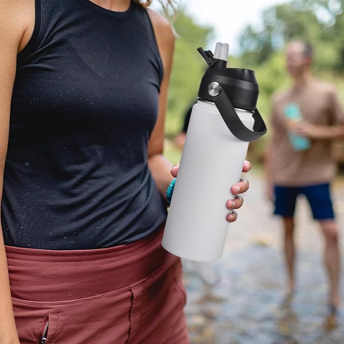 Fijinhom 24oz Insulated Stainless Steel Water Bottle, Wide Mouth Double Wall Vacuum, Silicone Straw, Sweat & Leak Proof, BPA Free Insulated Water Flask for Travel, Keep Cold 24h Hot 12h, White