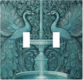 Art Nouveau Peacocks & Fountain in Teal Garden Double Toggle Switch Cover - 2-Gang Standard US Size Elegant Garden Escape Light Switch Covers for Living Room Decor