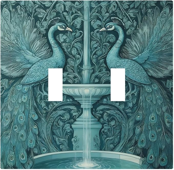 Art Nouveau Peacocks & Fountain in Teal Garden Double Toggle Switch Cover - 2-Gang Standard US Size Elegant Garden Escape Light Switch Covers for Living Room Decor