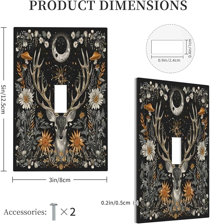 Light Switch Cover Plate Vintage Deer Flowers Moon Natural Plants Floral 1 Gang Single Toggle Decorative Switch Plates Wall Plates Electrical Faceplate for Bathroom Bedroom Decor