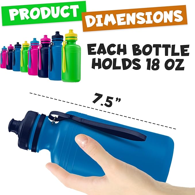 Bedwina Bulk Water Bottles For Kids - (Bulk Pack of 72) 18 Oz - 7.5 Inch BPA-Free Plastic Water Bottles w/Pop-up Tops for Summer, Reusable Water Bottle for School, Sports Birthday Party Favors