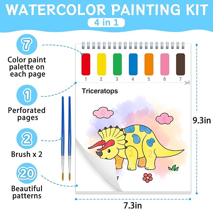SOCOLER Paint with Water Coloring Books for Toddlers, Dinosaurs Theme Mess Free Watercolor Painting Papers for Kids Water Color Paint Kit Art Craft Birthday Gift for Ages 1-3, 4-8