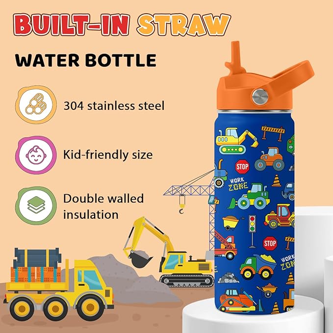 Construction Gifts for Men & Women - 18 Oz Water Bottle with Straw Lid, Stainless Steel Insulated Bottle, Leak Proof, BPA-Free, for Boys, Travel - Truck Lovers Teen Birthday Gifts Cups(1pc)