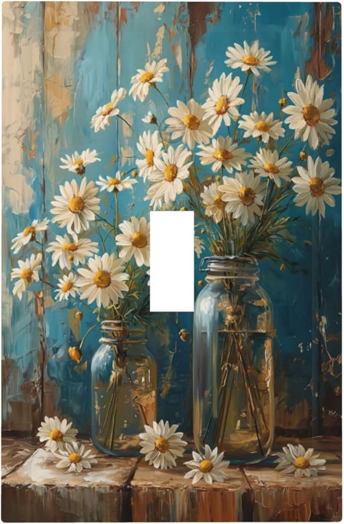 Delicate White Daisy Jars Retro Wood Background Decorative Light Switch Cover 1 Gang Single Toggle Device Electrical Faceplate Switchplates Decorator Outlet Wall Plate for Farmhouse Home Decor