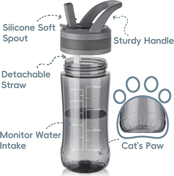 Kids Clear Water Bottle 14oz Flip with Straw Carry Handle, Leakproof, Reusable, Tritan, BPA Free, Suitable for Boys and Girls, Gray