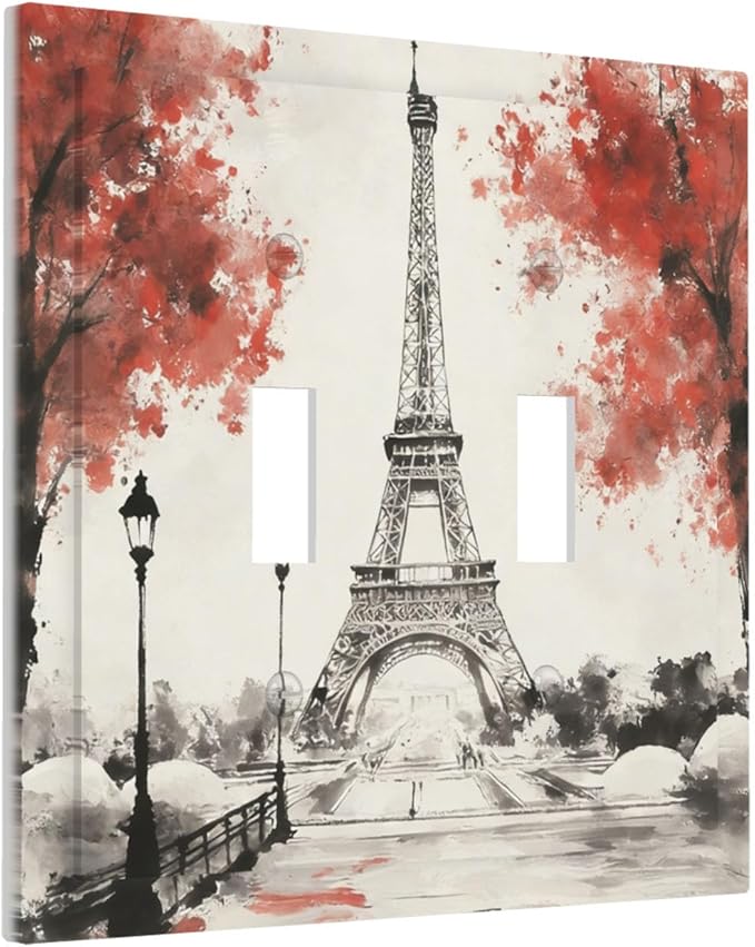 Parisian Watercolor Eiffel Tower Double Toggle Switch Cover - 2-Gang Standard US Size Paris Cherry Blossoms Romantic Light Switch Covers, Vintage French Watercolor for Bedroom Decor