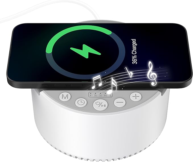 Sound Machine with Wireless Charger,White Noise Machine with Memory Function,6 Soothing Sounds,3 Timers Modes for Baby Kids Adult & Home Office Travel