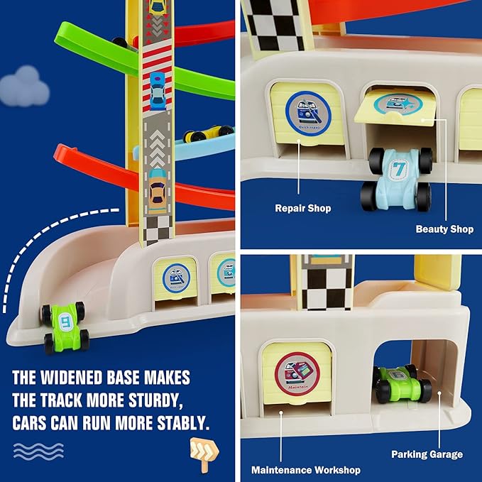 Montessori Toys for 2 3 Year Old Boys Toddlers, Car Ramp Toys with 6 Cars & Race Tracks, Garages and Parking Lots, Ramp Racer Toy Gift for Boys Girls Age 18 Months and Up, Multicolor