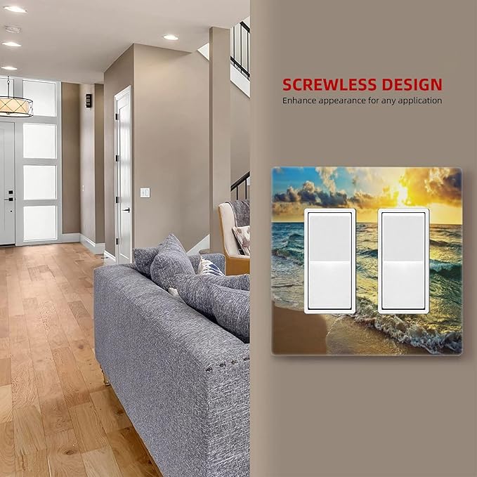 Sea Ocean Beach Sun Wave Sunrise 2 Gang Double Rocker/Decora Light Switch Cover Decorative Outlet Wall Plate Electrical Faceplate Home Family Art Decor Screwless