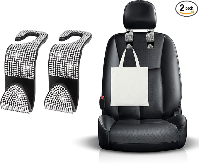 Ohleats 2 PCS Bling Car Seat Headrest Hooks, Crystal Rhinestone Back Seat Hanging Storage Organizer, Vehicle Seat Hanger Holder for Purse Handbag Coat, Interior Car Accessories (White)