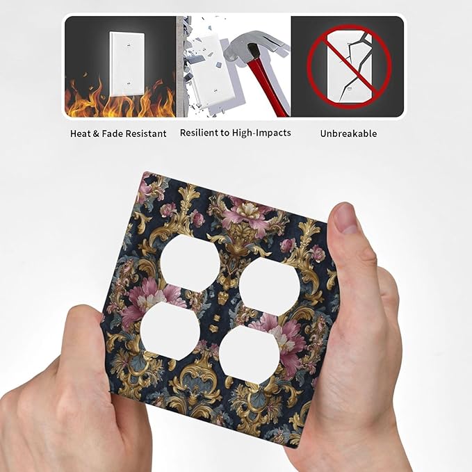 Decorative Outlet Covers Rococo Pink Floral Flower Gold Leaf 2 Gang Light Switch Cover Plate Double Duplex Wall Plates for Electrical Outlets Switch Plate Covers for Bedroom Home Decor
