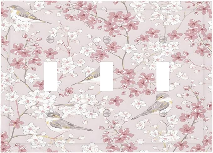 Pink Sakura Cherry Blossom Vintage Bird Floral Flower Decorative Switch Plates 3 Gang Wall Plate Triple Toggle Light Switch Cover Faceplate Electrical Wall Panels for Bedroom Living Room Decor