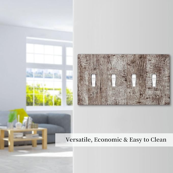 Light Switch Cover Plate Rustic Wood Grey Brown Vintage Wooden Plank 4 Gang Quad Toggle Decorative Switch Plates Wall Panels Electrical Wall Plates Faceplate for Farmhouse Home Decor