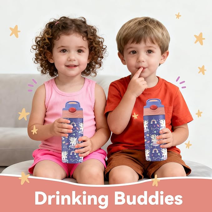 12oz Girl Water Bottle with Straw Lid & Handle - Unicorn Leak Proof Water Bottles Kids, Double-Wall Stainless Steel Pop-top Lid Purple Kids Insulated Bottles for School, Gift Cup for Kid