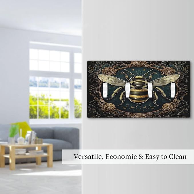 Light Switch Covers Mid Century Bee Dark Floral Quad Toggle Electrical Faceplate 4 Gang Wall Plate Decorative Switch Plates For Home Office Decor