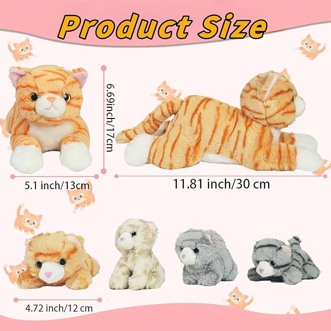 5 Pieces Cat Stuffed Animal with Babies, 1 Mommy Orange Cat Plush Toy Stuffed Cat with 4 Babies Plush Kittens, Stuffed Kitty Plush Toys for Kids Girls Boys Birthday Christmas Plush Gifts