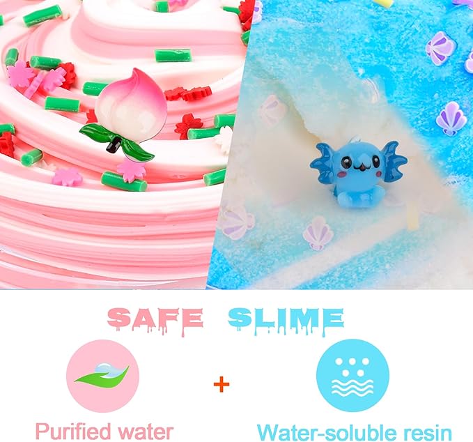 Axolotl Cloud Slime and Pink Peach Butter Slime Kit,Dual Colored New Charms,Super Soft and Non-Sticky, Stress Relief Toy Party Favors Birthday Gifts for Girls.