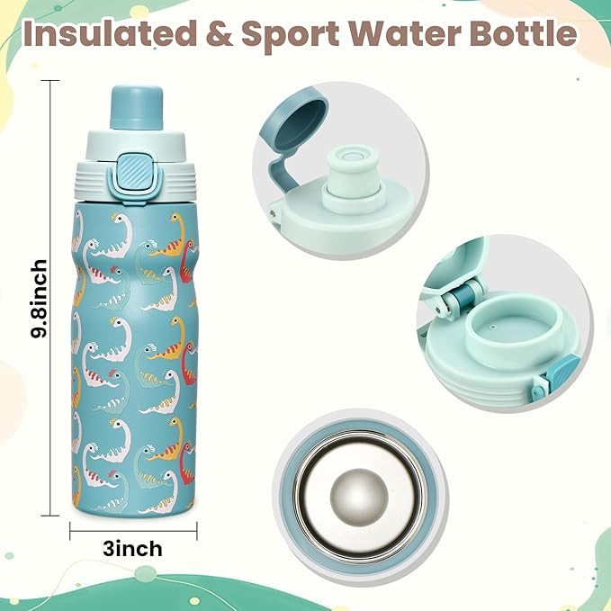 PIQUEBAR Kids insulated Water Bottle 17oz & Sport Water Bottle 24oz Set, Stainless Steel Metal Vacuum Water Bottles, Leakproof Tritan Sport Water Bottles for School Boys Girls, Blue Dinosaur