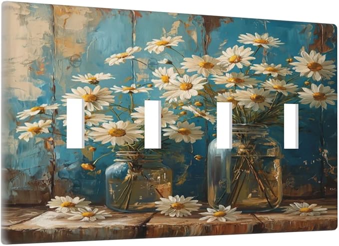 Delicate White Daisy Jars Retro Wood Background Light Switch Covers Quad Toggle Electrical Faceplate 4 Gang Wall Plate Decorative Switch Plates Cover for Farmhouse Home Decor