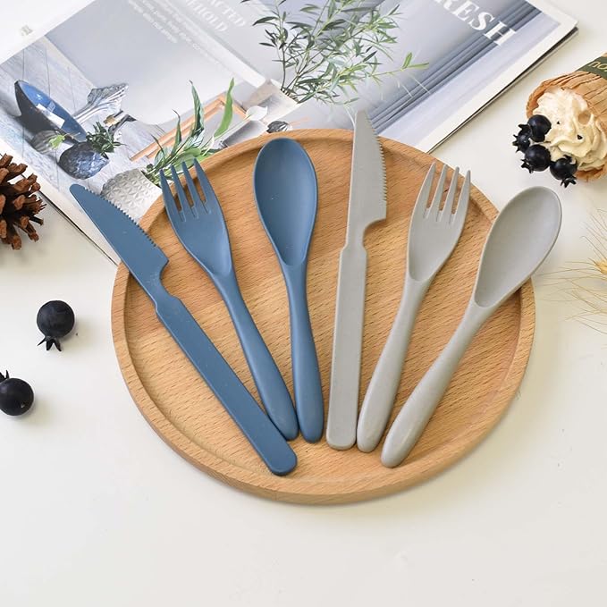 8 Sets Knives Spoons and Forks, Thickened Design Wheat Straw Cutlery, Reusable Utensils Set for Kid or Adult, Fork Spoon Knife Set for Party, Travel, Work, Picnic, Camping (Blue and gray)