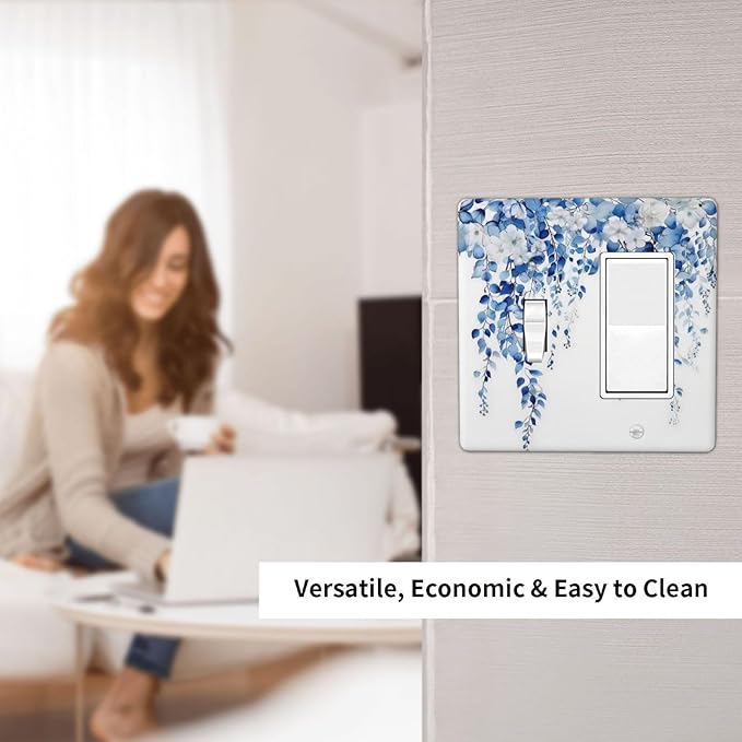 Blue Eucalyptus Leaves Floral Vine Flower Outlet Covers 1 Toggle 1 Rocker Combination Decorative Wall Plate Electrical Switch Plates Light Switch Cover Plate for Bedroom Living Room Decor