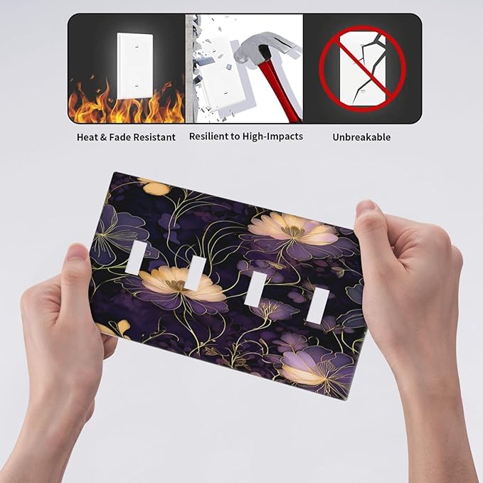 Modern Boho Vintage Gold Purple Dark Floral Modern Abstract Flowers Light Switch Covers Quad Toggle 4 Gang Wall Plate Decorative Switch Plates Electrical Faceplate for Bedroom Living Room Decor