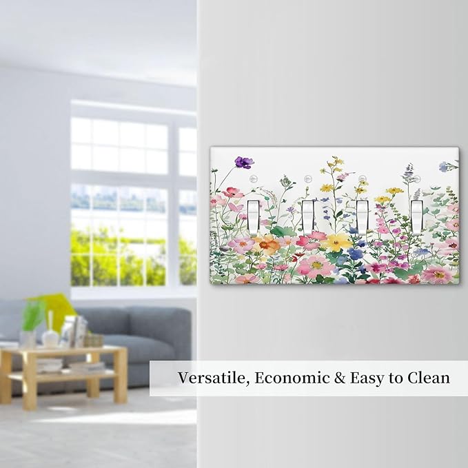 Light Switch Covers Boho Colorful Flowers Plant Rustic Wildflower Quad Toggle Electrical Faceplate 4 Gang Wall Plate Decorative Switch Plates for Bed Room Bathroom Decor