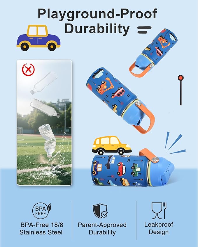 Kids Water Bottle 14oz with Silicone Straw Lid - Insulated Toddler Water Bottle Stainless Steel Keeps Cold 24H, Leak Proof & Cars Trucks Prints Design | Custom Name Tag for School, Daycare, Travel